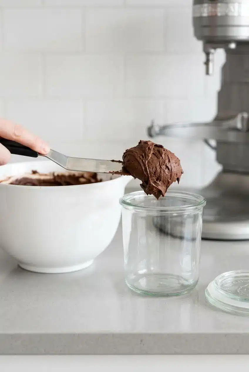 An offset spatula transfers a scoop of chocolate frosting from a white mixing bowl into a clear, airtight glass container for storage.