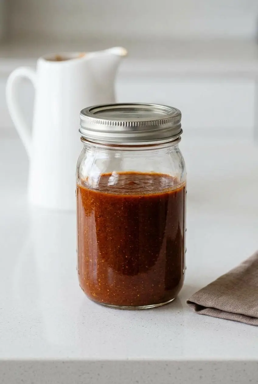 Homemade red enchilada sauce stored in a sealed, clear glass mason jar on a light gray kitchen countertop.