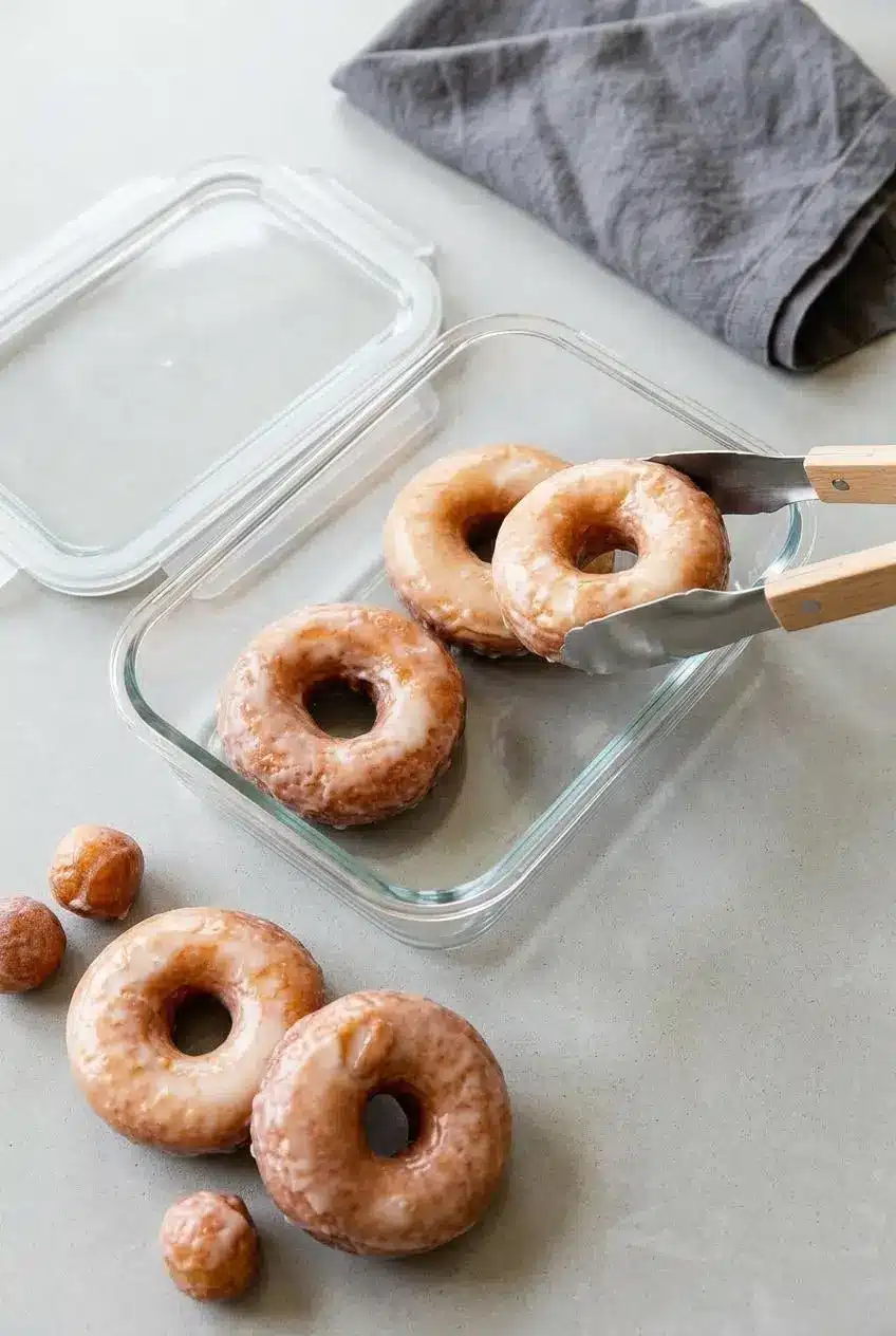 Two glazed doughnuts being placed into a rectangular glass airtight container on a light gray countertop to keep them fresh.