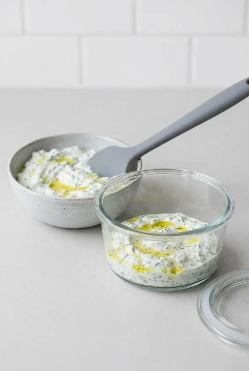 Transferring freshly made tzatziki sauce from a mixing bowl into a clear glass airtight container for refrigerator storage.