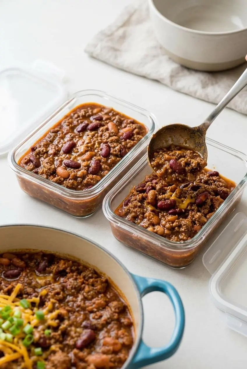 Portioning leftover beef and bean chili from a white bowl into clear glass food storage containers for refrigerating or freezing.