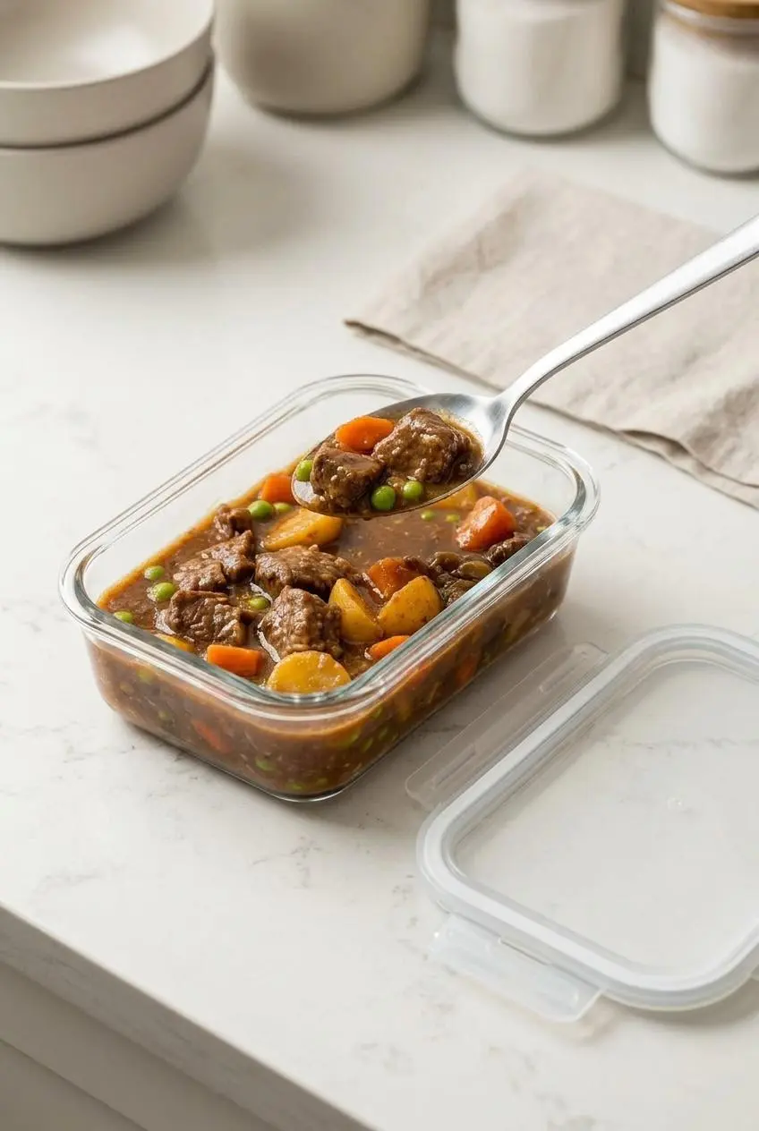 Leftover slow cooker beef stew being portioned into a rectangular glass container for storage, with the lid beside it on a kitchen counter.