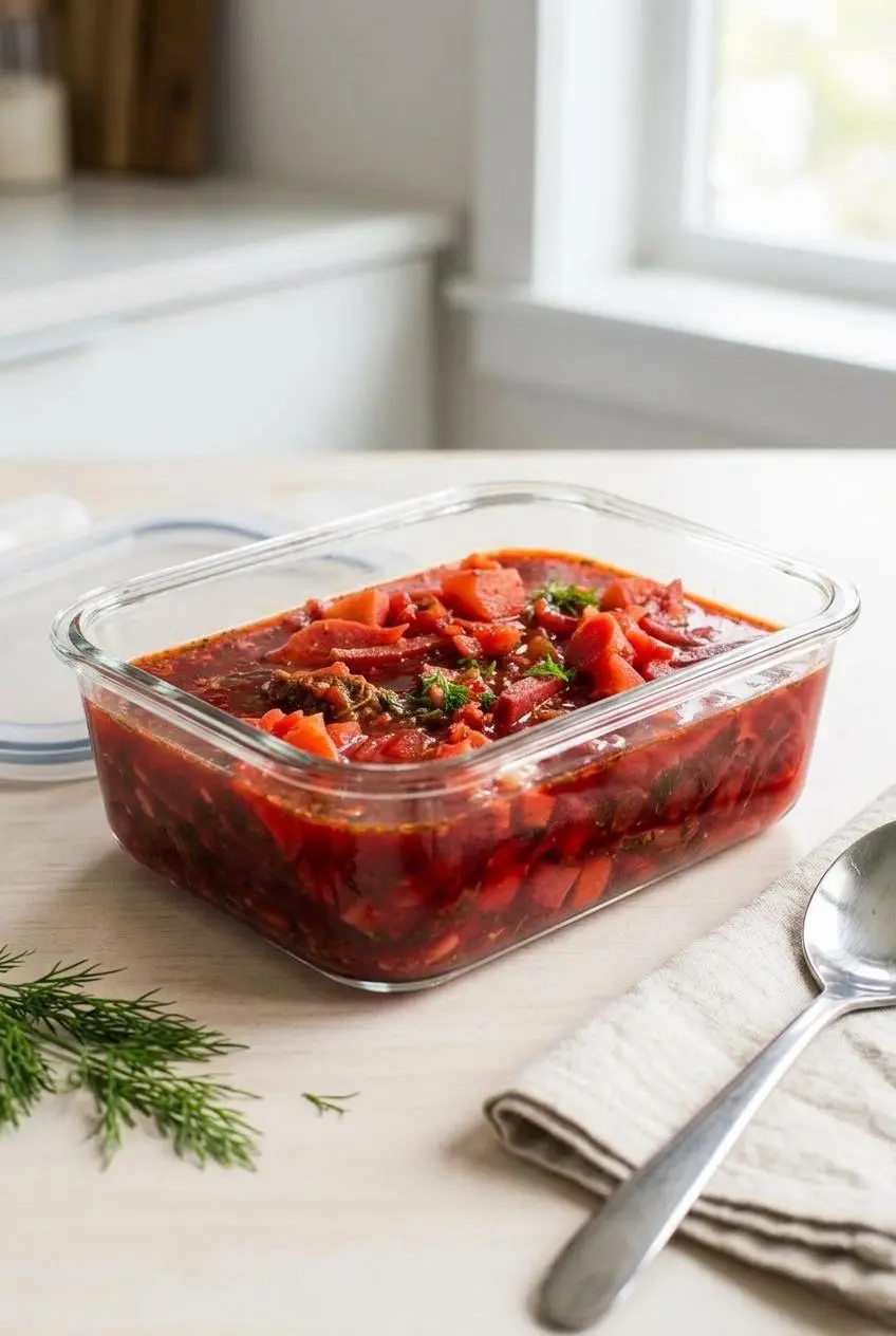 A large glass food storage container filled with leftover borscht, ready for refrigeration on a clean kitchen counter.