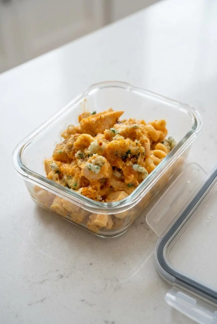 A single portion of Buffalo Chicken Mac and Cheese in a clear glass container with its lid beside it, ready for storage.