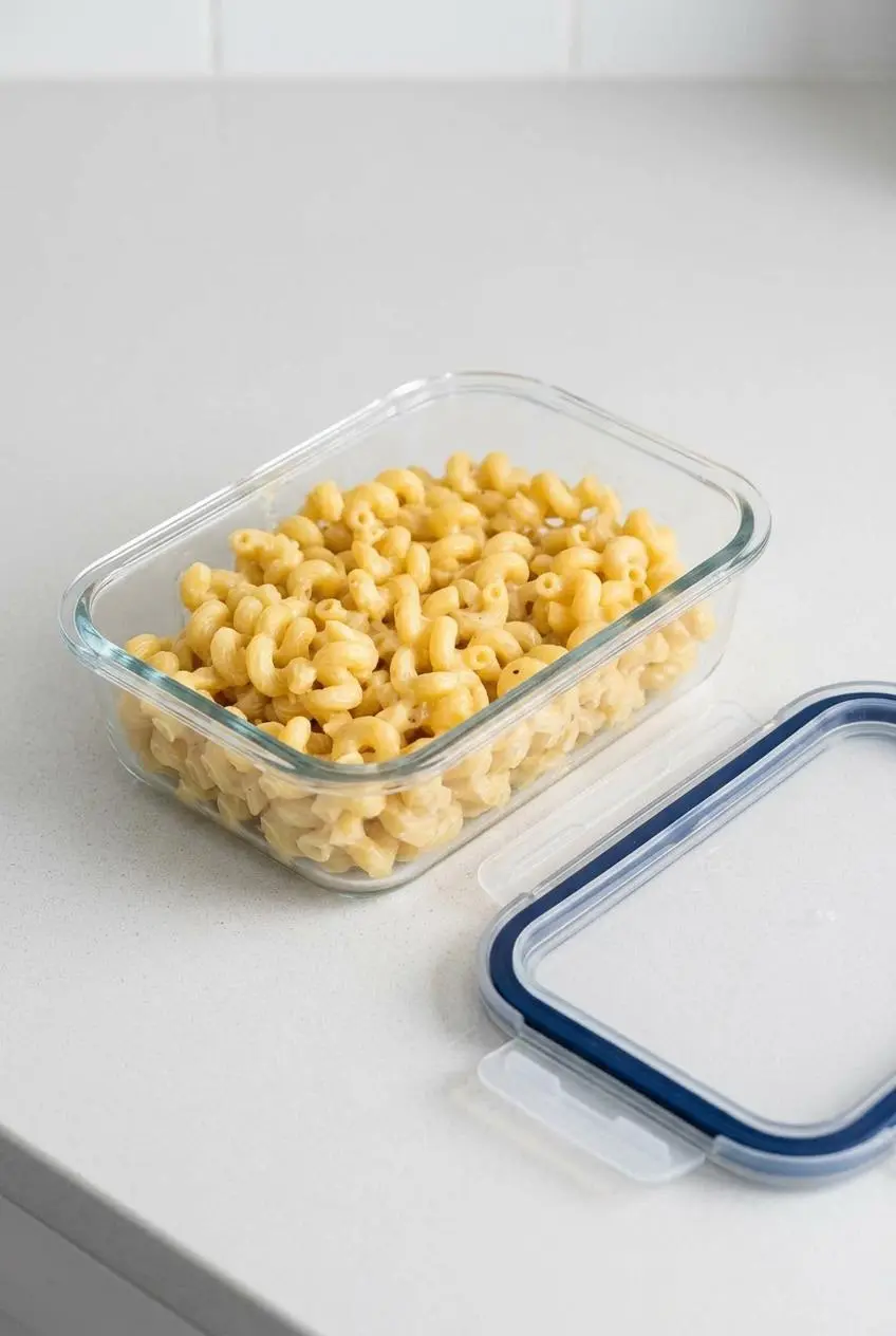 Leftover cheesy pasta portioned neatly inside a rectangular glass food storage container, ready for the refrigerator.