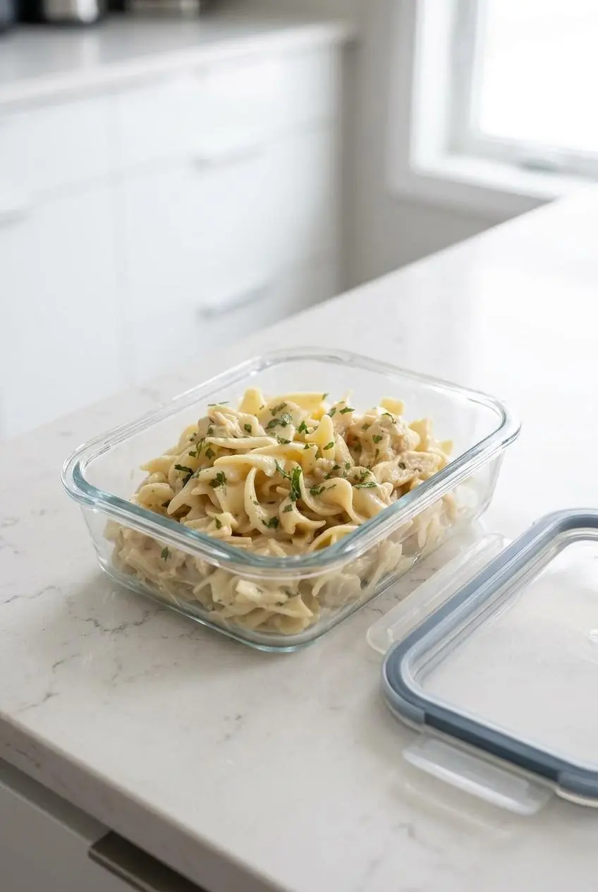 Leftover chicken and noodles in a rectangular glass container, showing how the dish thickens upon cooling, ready for storage.