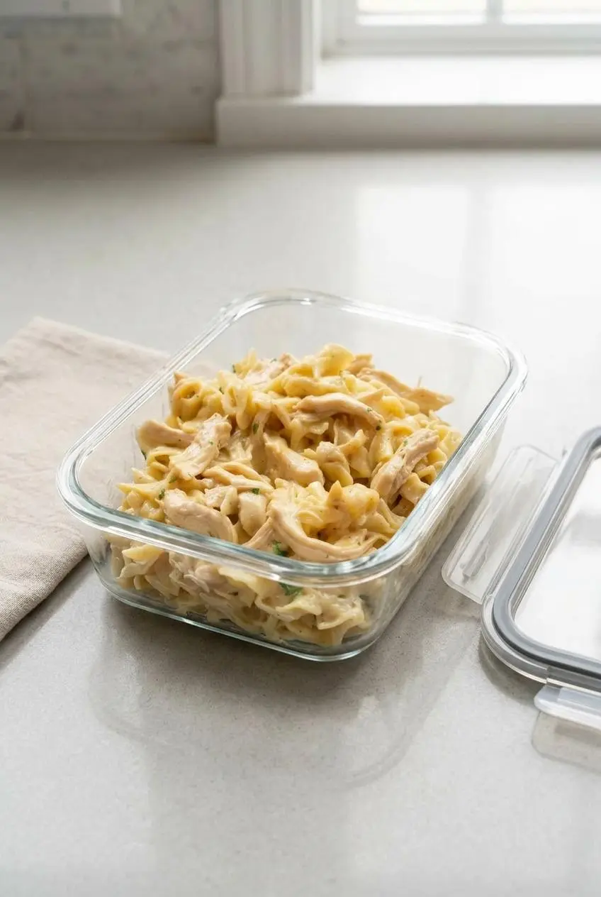 A single serving of leftover chicken and noodles in a rectangular glass container, ready for storage in the refrigerator.