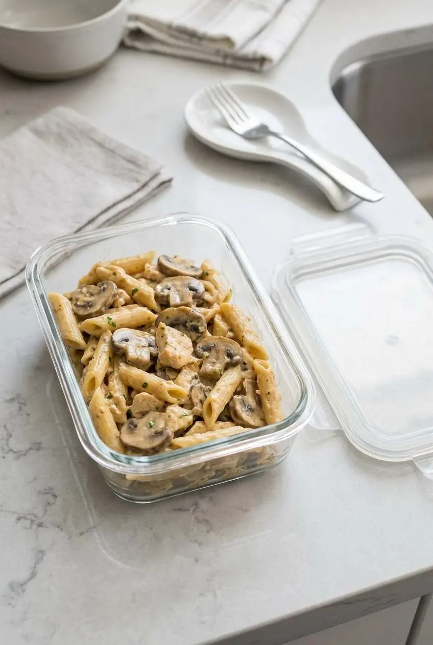 Leftover chicken mushroom pasta stored neatly in a rectangular glass container on a kitchen counter, ready for refrigeration.