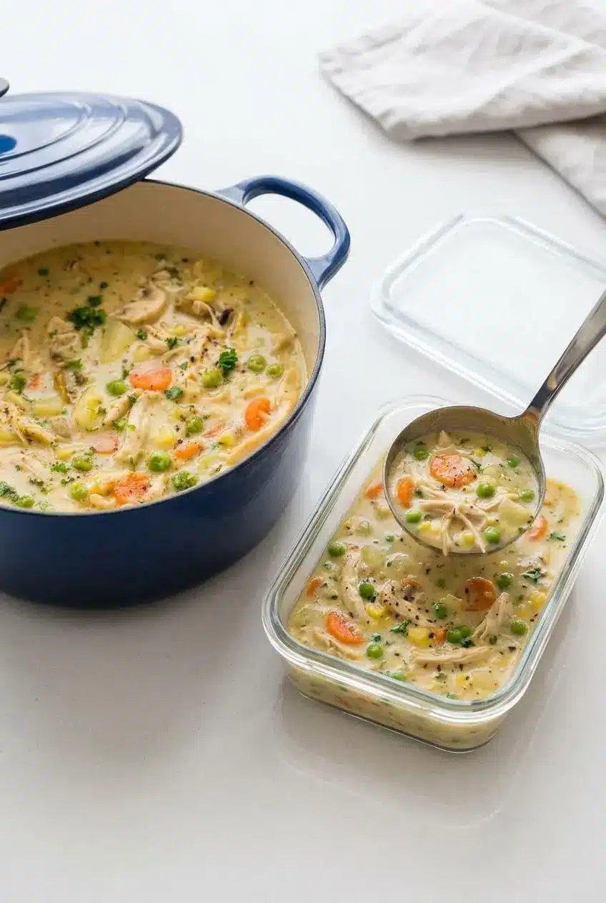A ladle portions leftover chicken pot pie soup from a Dutch oven into a glass food storage container.