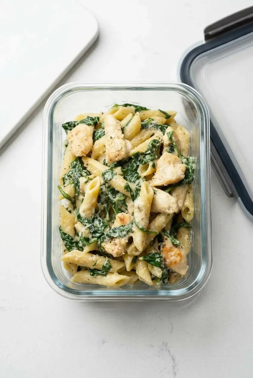 A leftover portion of chicken spinach pasta in a clear glass container with its lid beside it, ready for refrigeration.