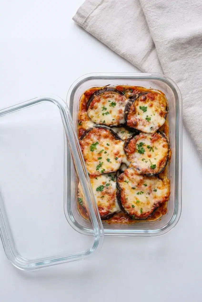 Overhead view of leftover eggplant casserole neatly packed in a rectangular glass food storage container on a light gray countertop.