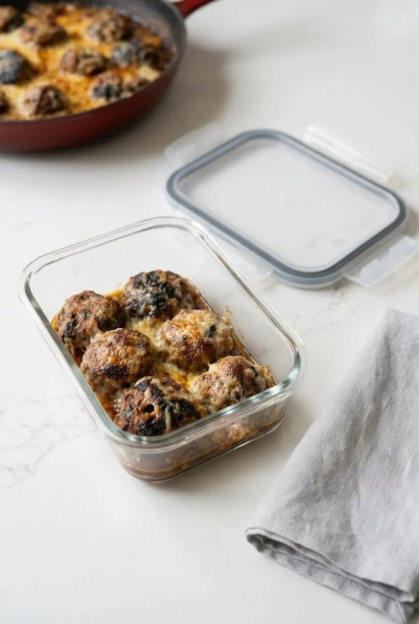 Leftover French onion soup meatballs in a rectangular glass food storage container on a kitchen counter, ready for refrigeration.