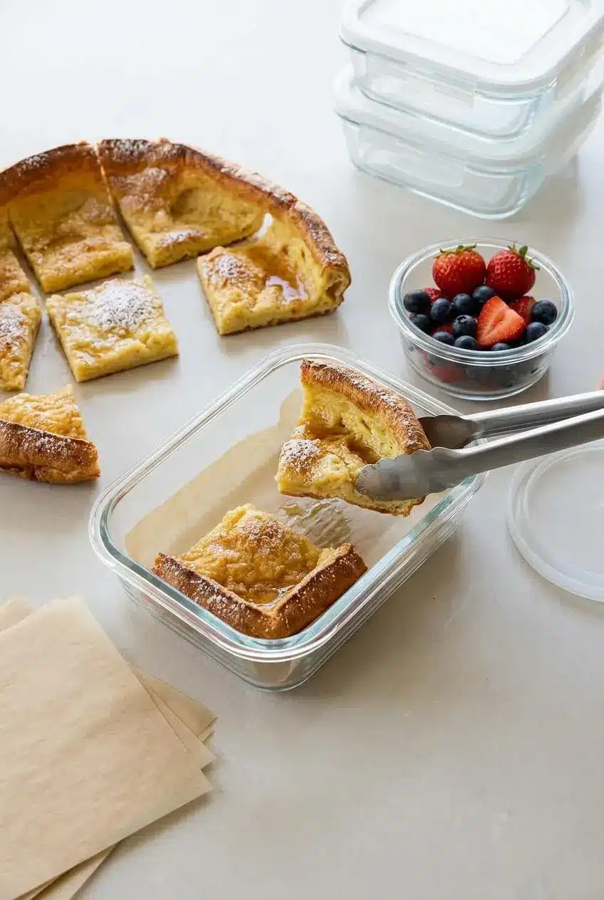 An overhead view of leftover German pancake squares being placed into a glass airtight container with parchment paper separating the layers.