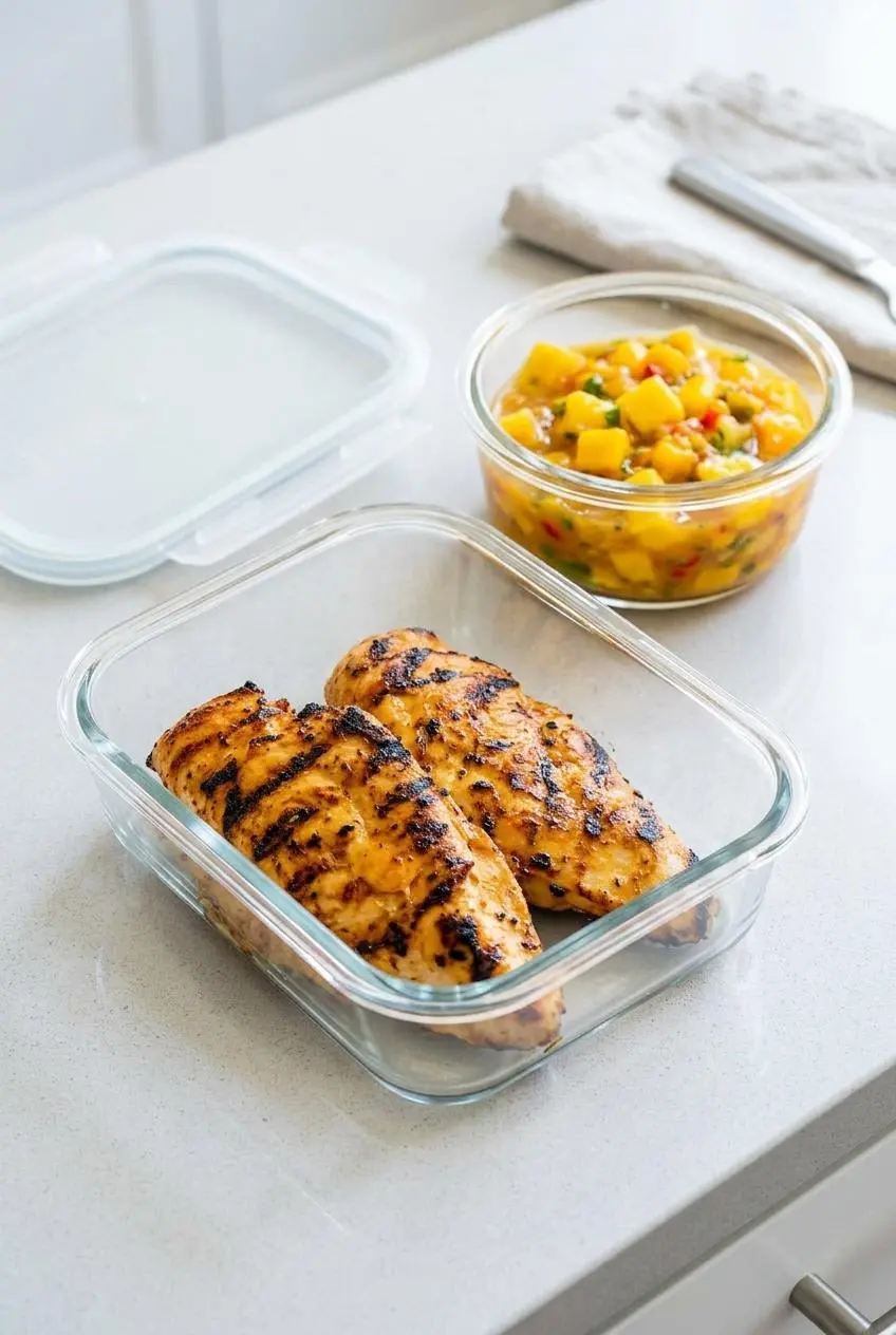 Leftover grilled chicken breasts in a rectangular glass container, with the mango pineapple salsa stored separately in a small round