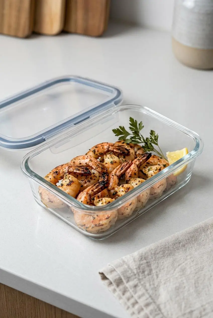 Leftover grilled shrimp arranged in a single layer inside a rectangular glass food storage container, with the lid placed beside it.