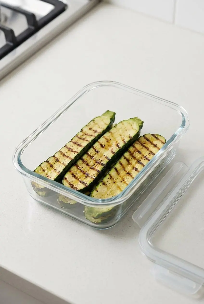 Leftover grilled zucchini planks arranged neatly in a single layer inside a clear glass food storage container.