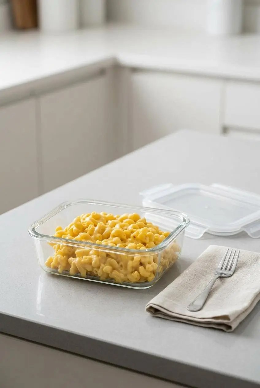 A portion of leftover stovetop macaroni and cheese in a rectangular glass food storage container, ready for refrigeration.