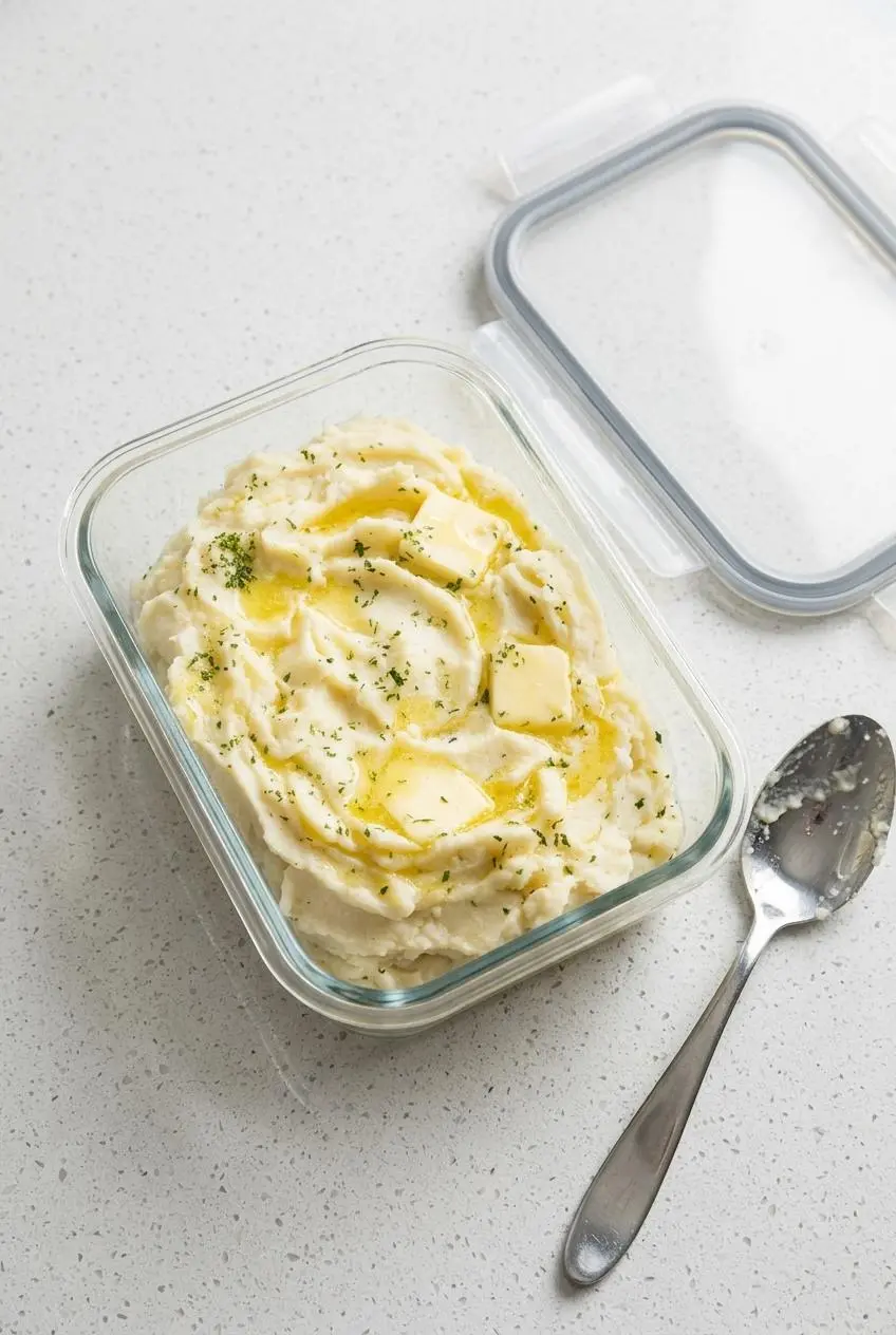 A portion of cooked mashed potatoes neatly placed in a rectangular glass food storage container, ready for refrigeration.