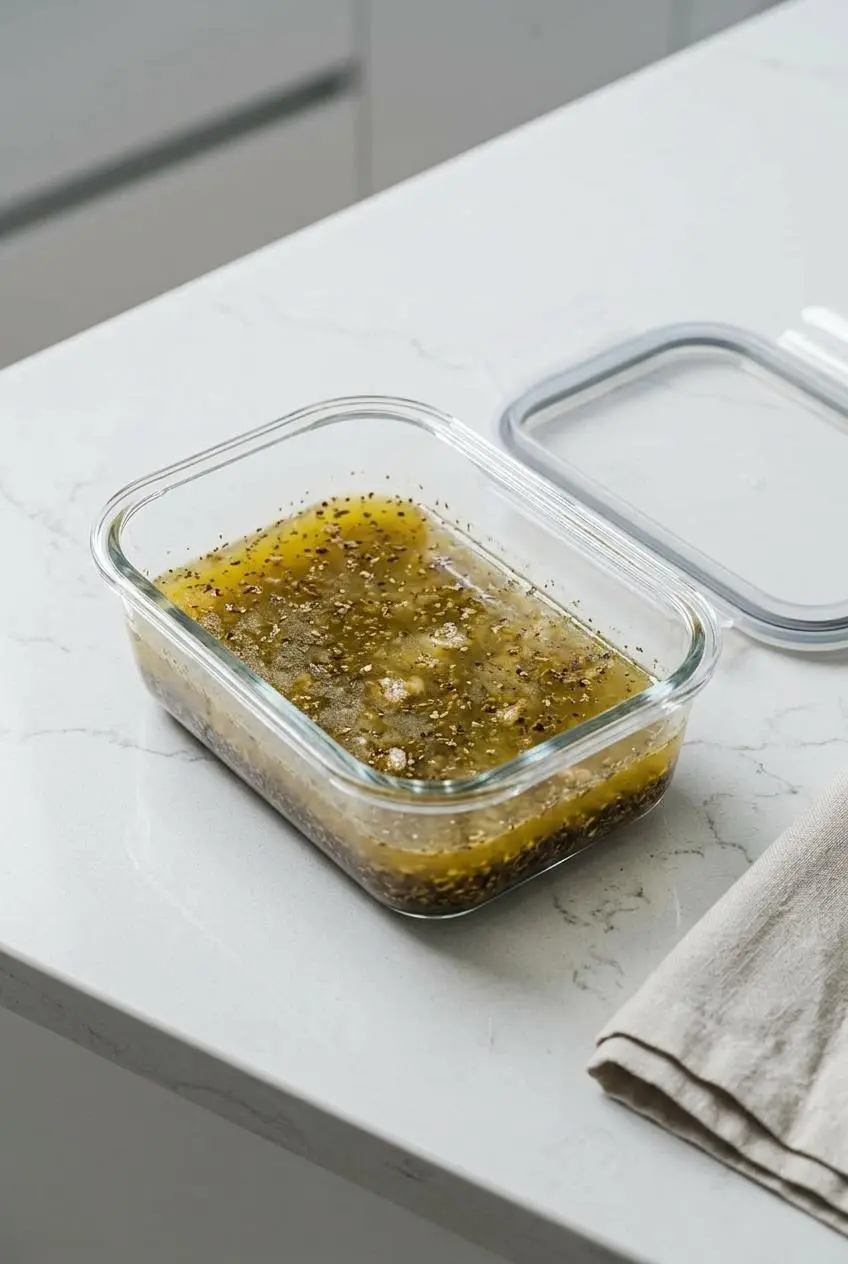 Leftover olive oil dip in a clear glass rectangular container, showing the oil has turned cloudy and slightly solid from being refrigerated.