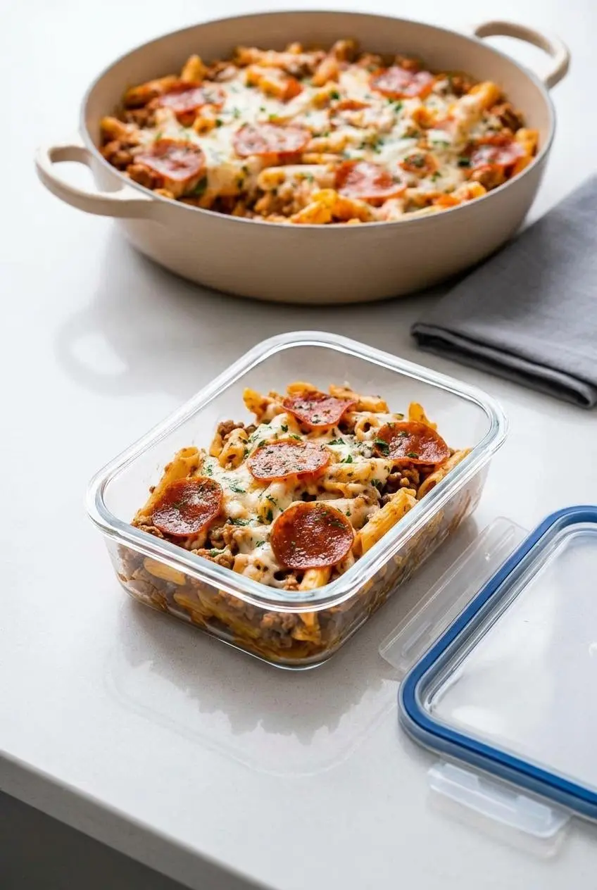 A single serving of leftover pizza pasta bake portioned into a rectangular glass food storage container, with the lid placed next to it.