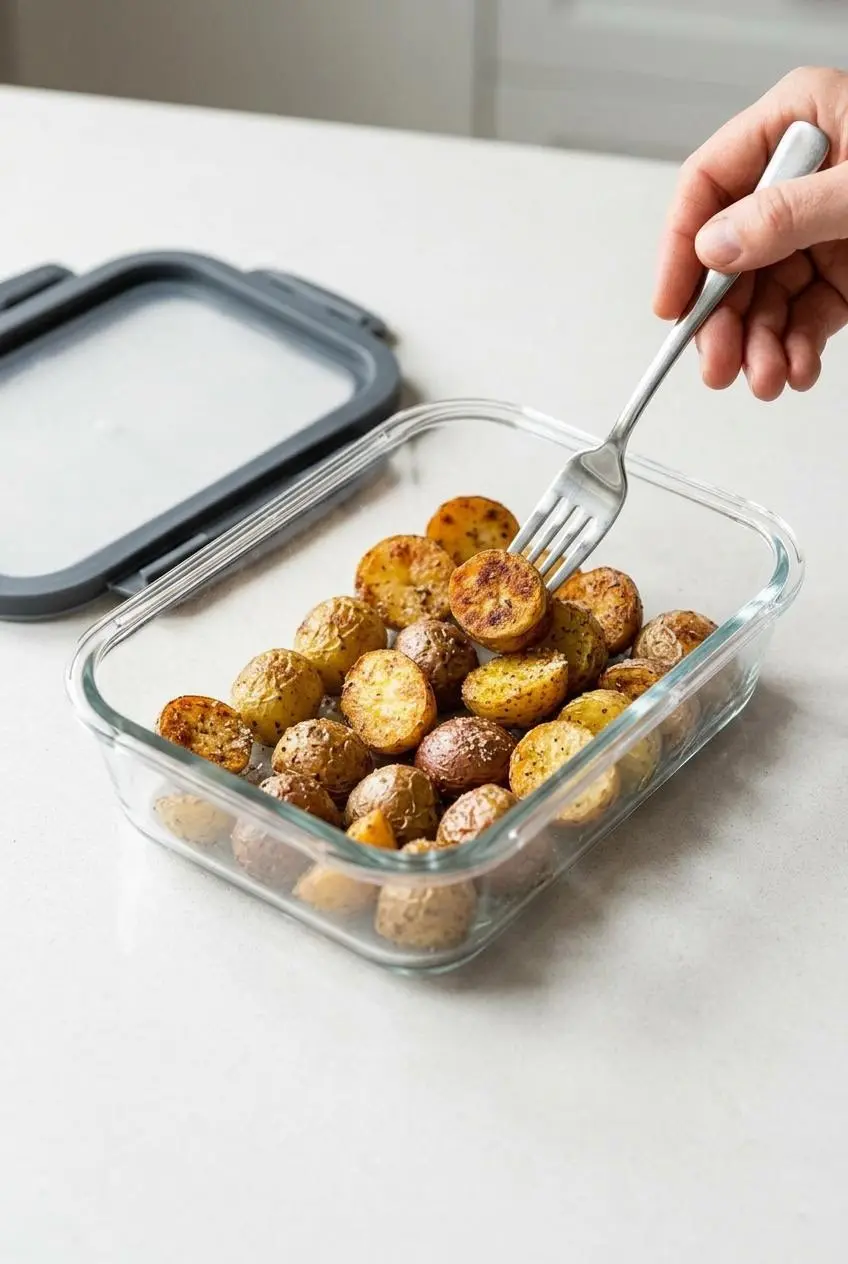 Leftover cooled roasted potatoes being neatly arranged in a single layer inside a rectangular glass food storage container.