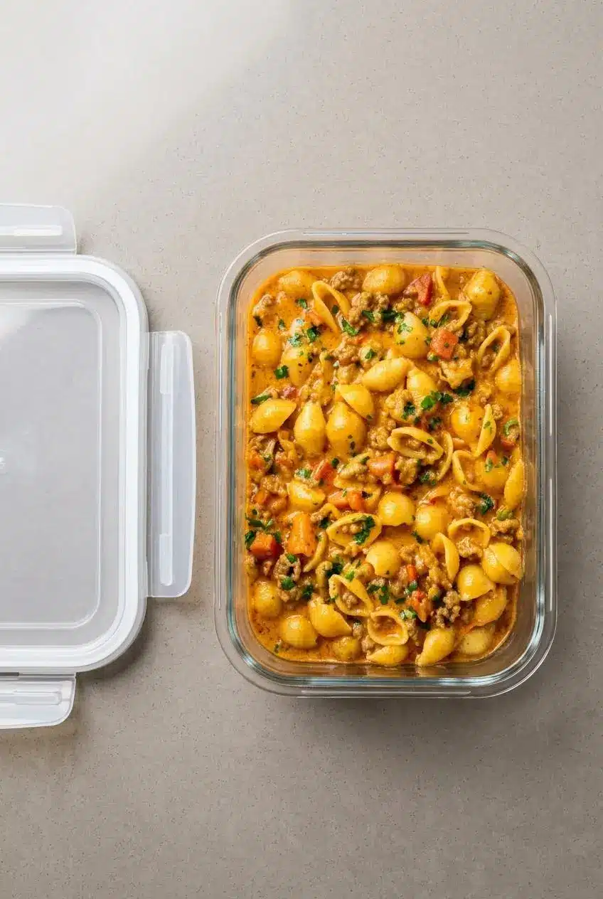 Leftover taco pasta portioned into a rectangular glass food storage container with the lid beside it, ready for the refrigerator.