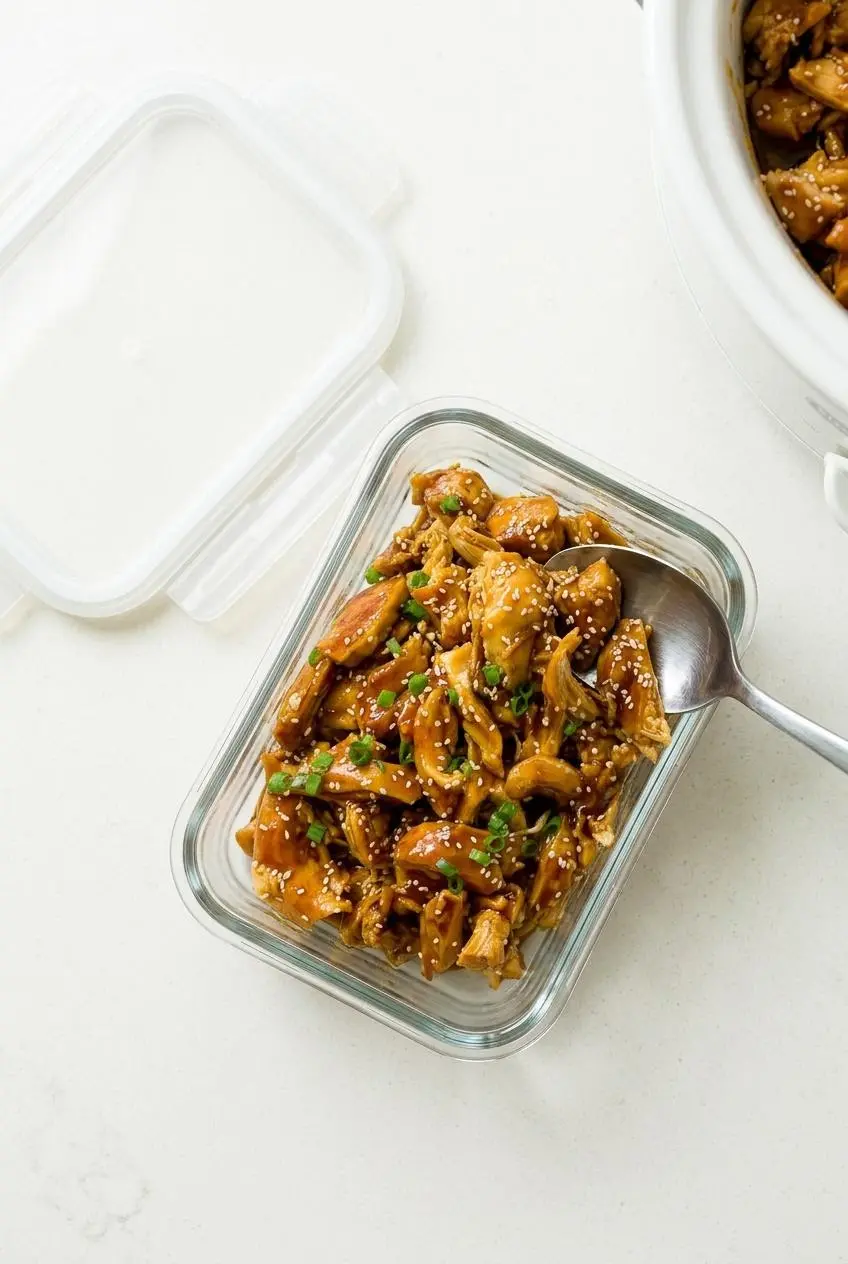 An overhead view of shredded teriyaki chicken being placed into a rectangular glass container for storage, with the airtight lid beside it.