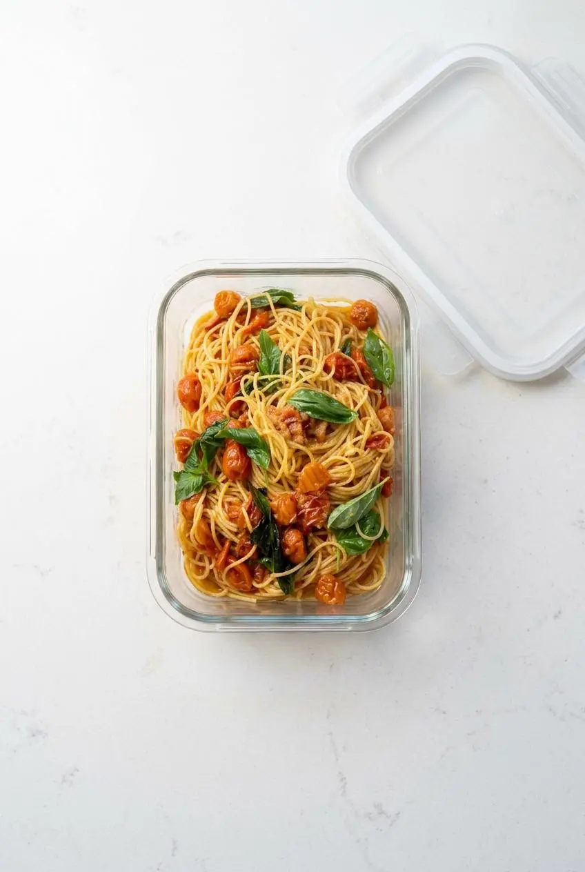 A single serving of leftover tomato basil pasta neatly arranged in a rectangular glass food storage container, ready for the fridge.