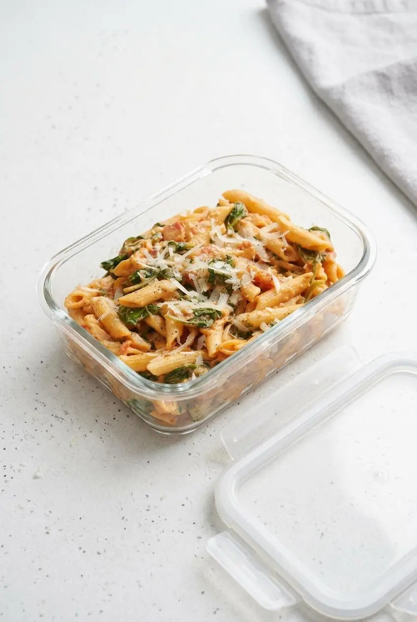 A portion of leftover tomato spinach pasta neatly packed in a rectangular glass container, ready for storage.