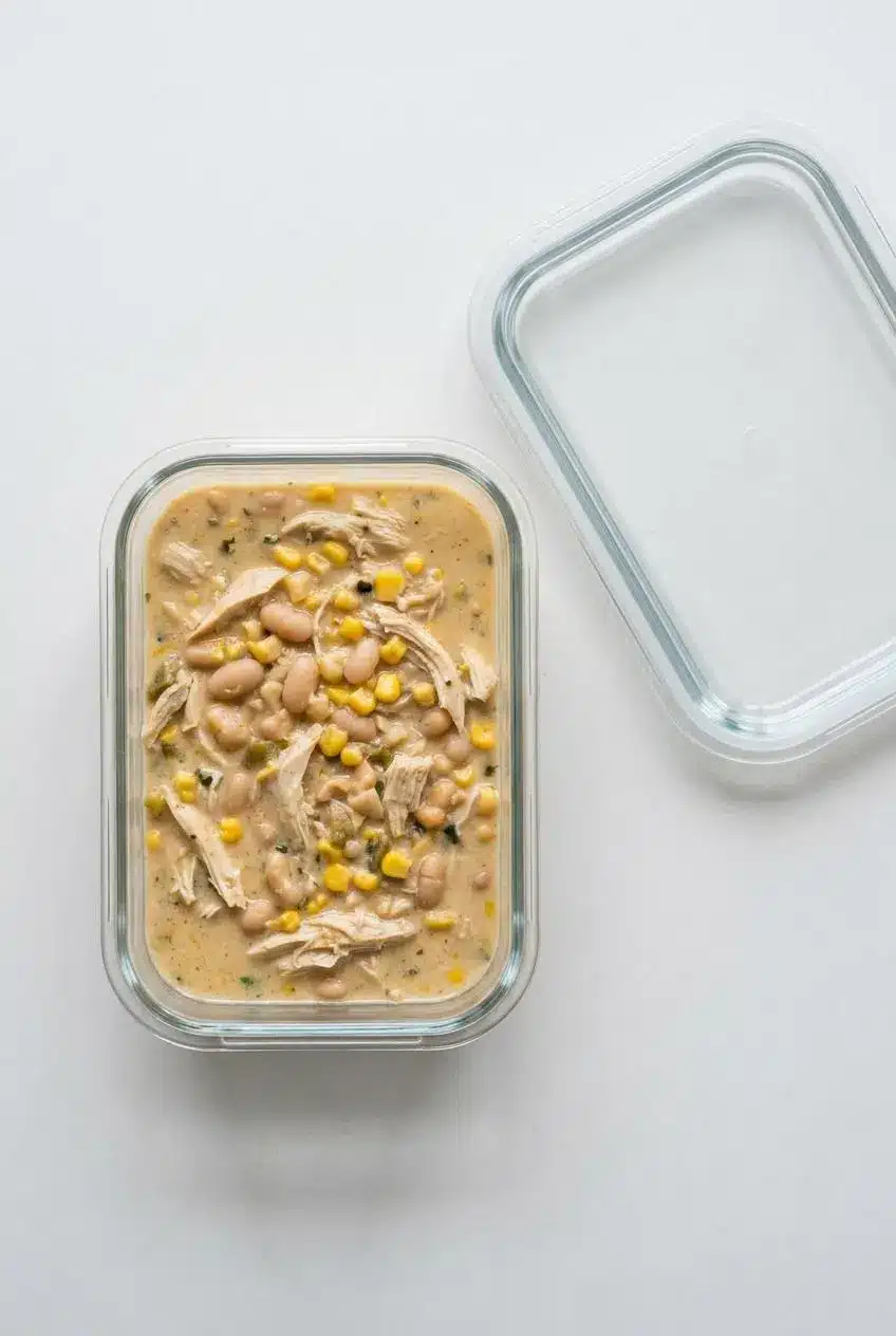 A single serving of leftover white chicken chili in a rectangular glass container, ready for storage in the refrigerator.