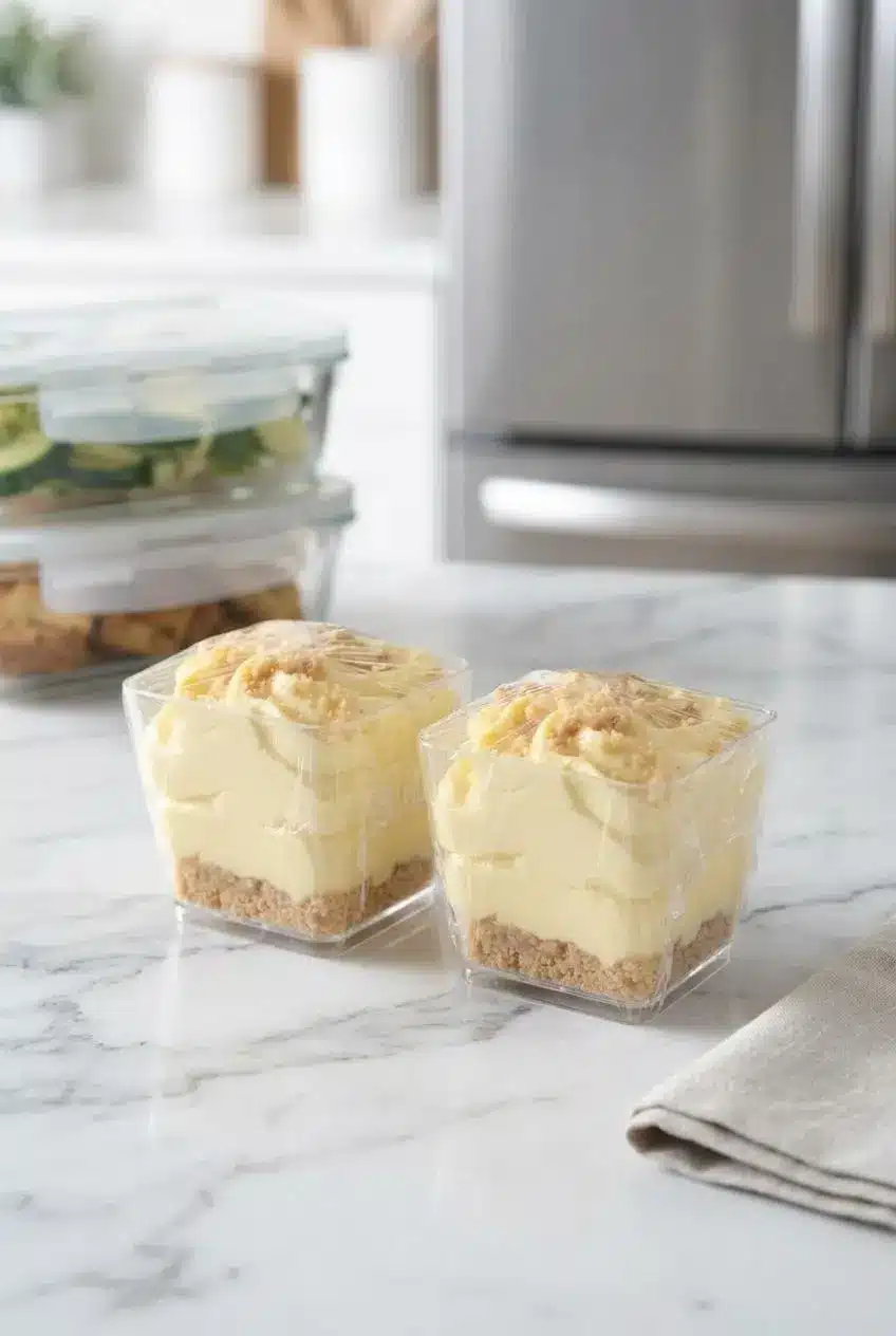 Two glass cups of lemon cheesecake mousse covered tightly with plastic wrap on a marble kitchen counter.