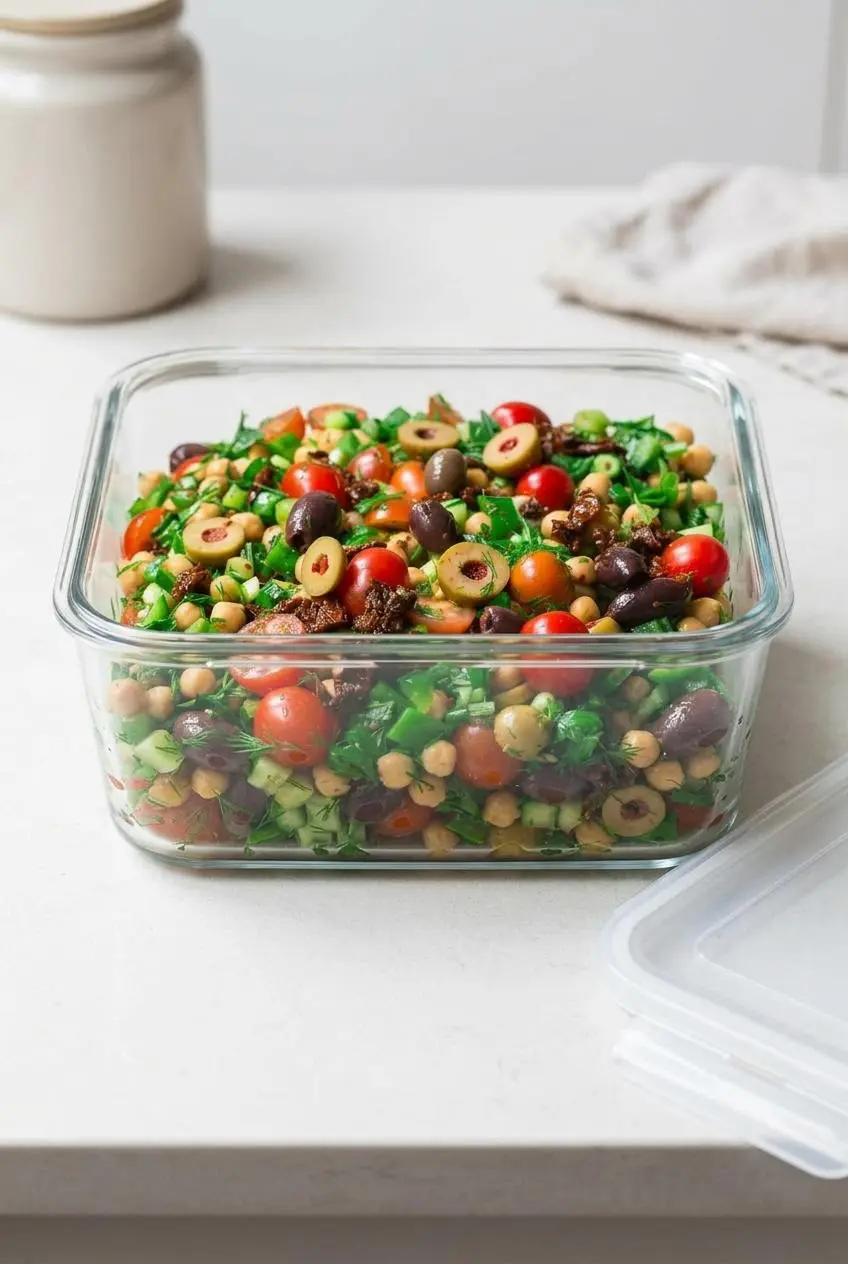 Balela salad packed neatly into a rectangular glass food storage container on a kitchen counter, ready for meal prep.