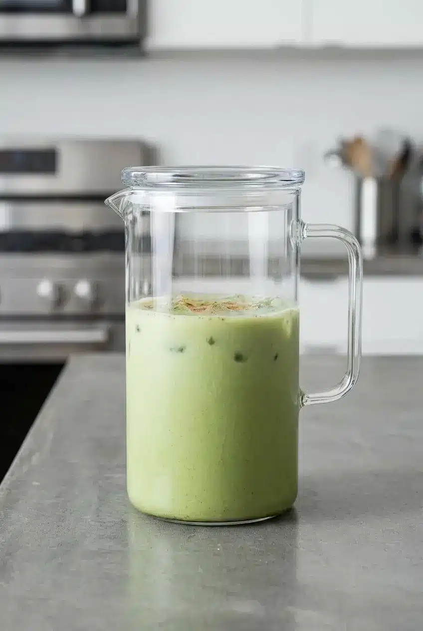 A large glass pitcher with an airtight lid, filled with light green matcha horchata, ready for storage in the refrigerator.