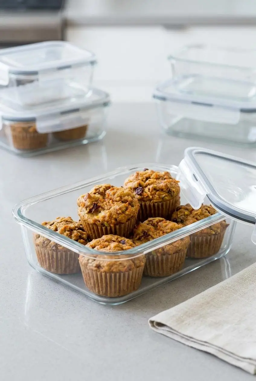 Several cooled morning glory muffins being placed into a rectangular glass storage container for freshness.