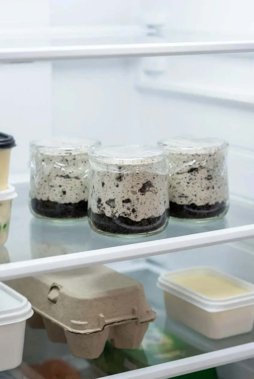Three plastic-wrapped Oreo cheesecake cups chilling on a clean refrigerator shelf before being topped.