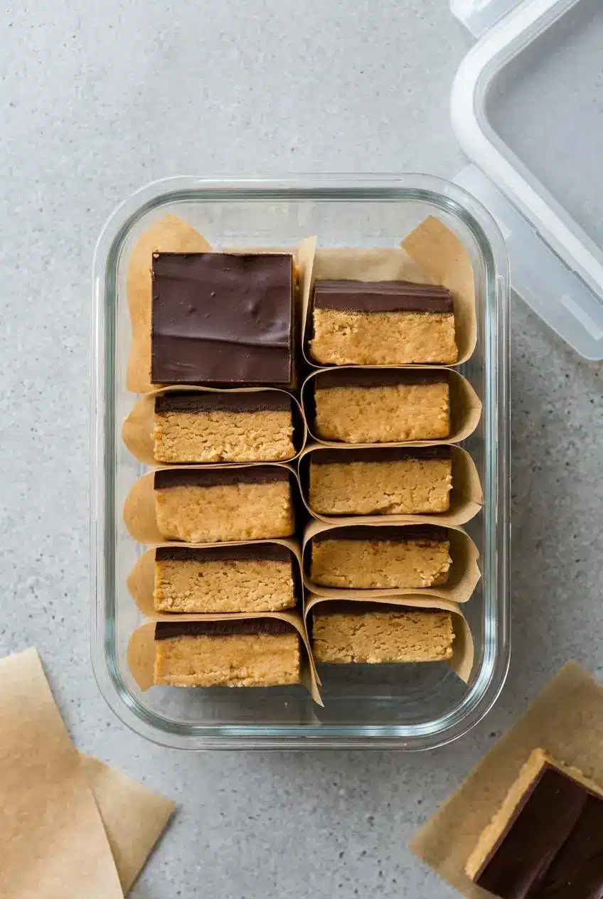 Sliced peanut butter bars separated by parchment paper inside a clear glass airtight storage container.