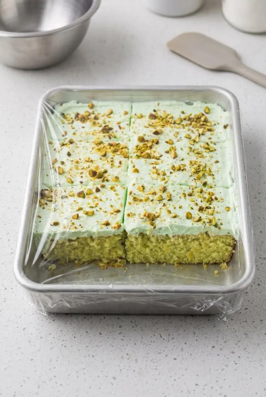 Pistachio pineapple cake in a 9x13 baking dish wrapped tightly in clear plastic wrap on a gray countertop.