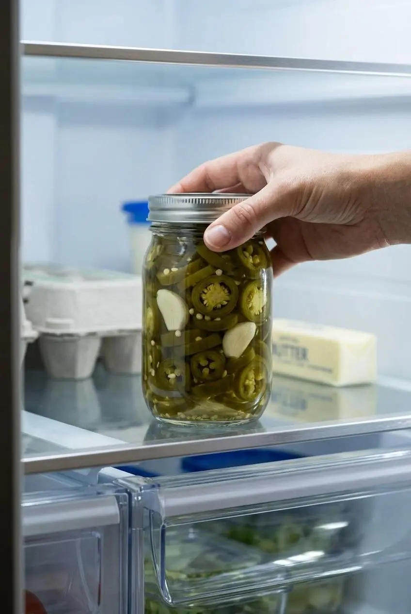 A sealed glass jar of pickled jalapeños being placed on a clean glass shelf inside a well-lit refrigerator.