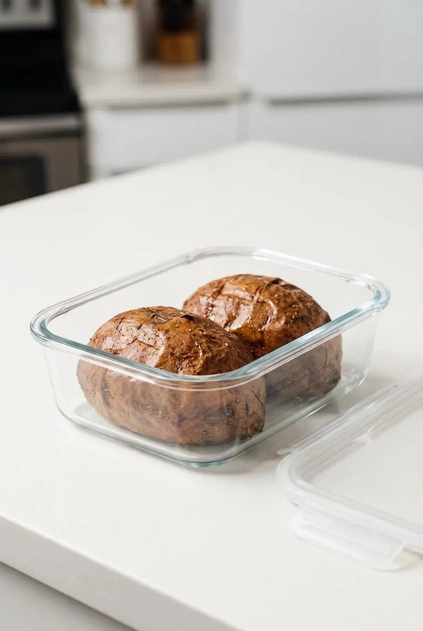 Two whole, cooled air fryer baked sweet potatoes placed side-by-side in a rectangular glass container for proper storage.