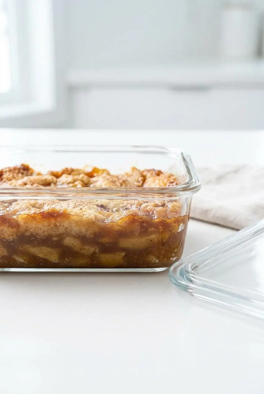 A portion of baked apple cinnamon dump cake stored in a clear glass container on a white quartz kitchen countertop.