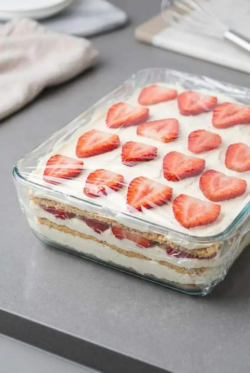 Strawberry cheesecake icebox cake in a glass dish covered tightly with clear plastic wrap for refrigeration.