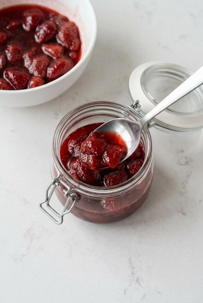 A spoon transferring bright red strawberry compote from a bowl into a clear glass hinged jar for storage.