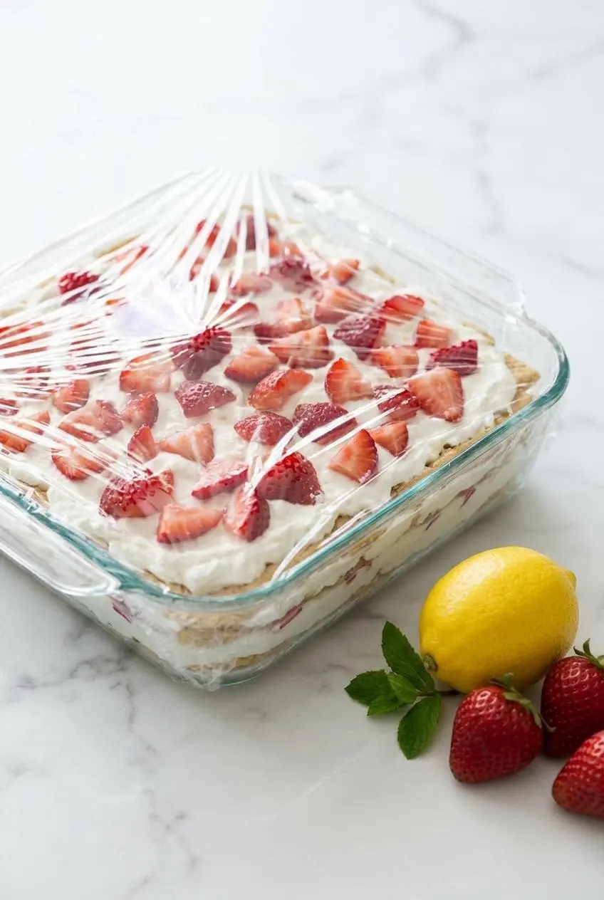 Strawberry lemonade icebox cake in a glass dish covered with plastic wrap next to a whole lemon and berries.