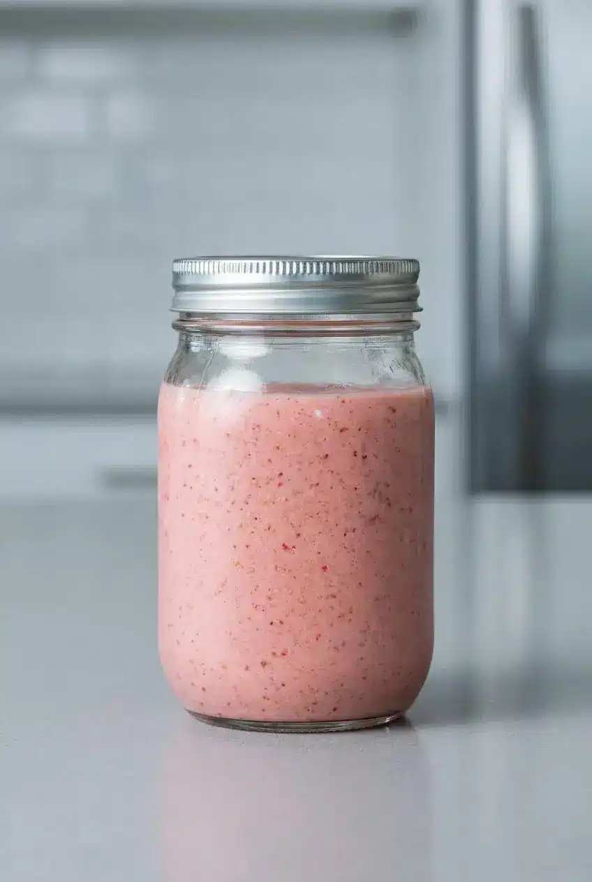 A pink strawberry smoothie sealed in a glass mason jar with a silver lid, ready for refrigeration.