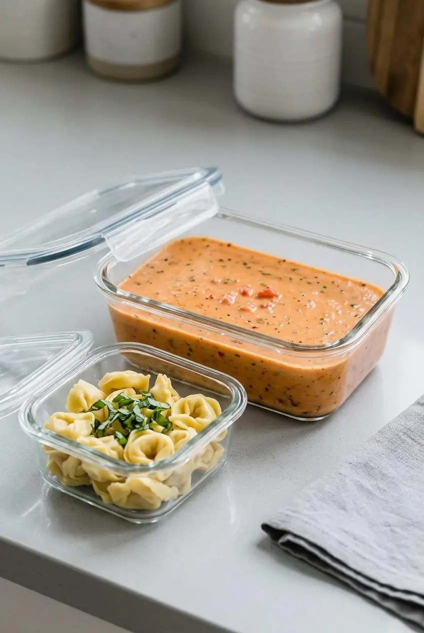 Two clear glass containers on a kitchen counter, one with creamy tomato soup base and the other with cooked tortellini, showing how to store