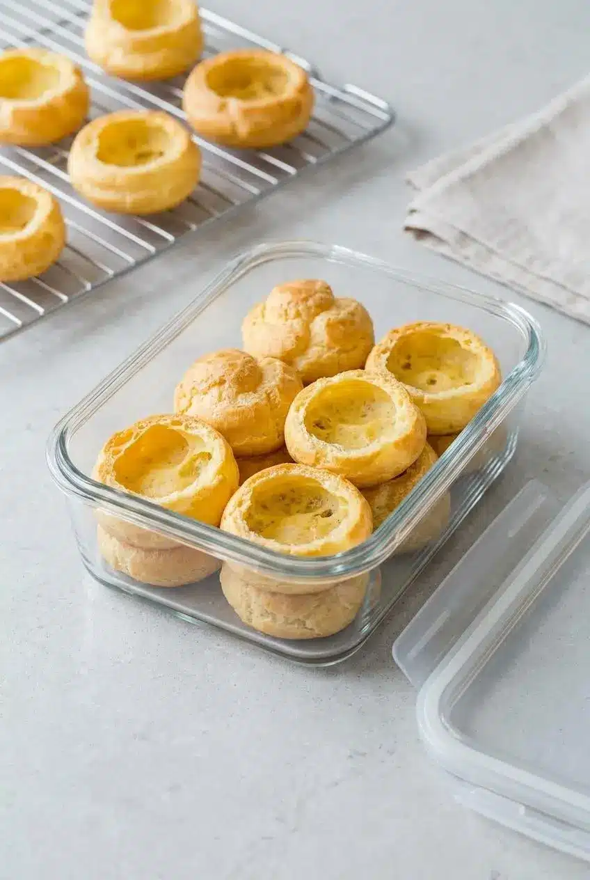 Unfilled, baked cream puff shells being carefully placed into a large, rectangular glass airtight container on a kitchen counter for