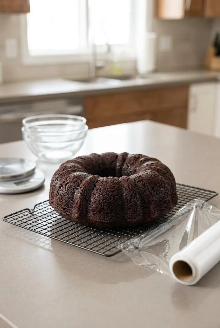 A whole, unglazed chocolate bundt cake cooling on a wire rack next to a roll of plastic wrap, illustrating how to prepare it for storage.