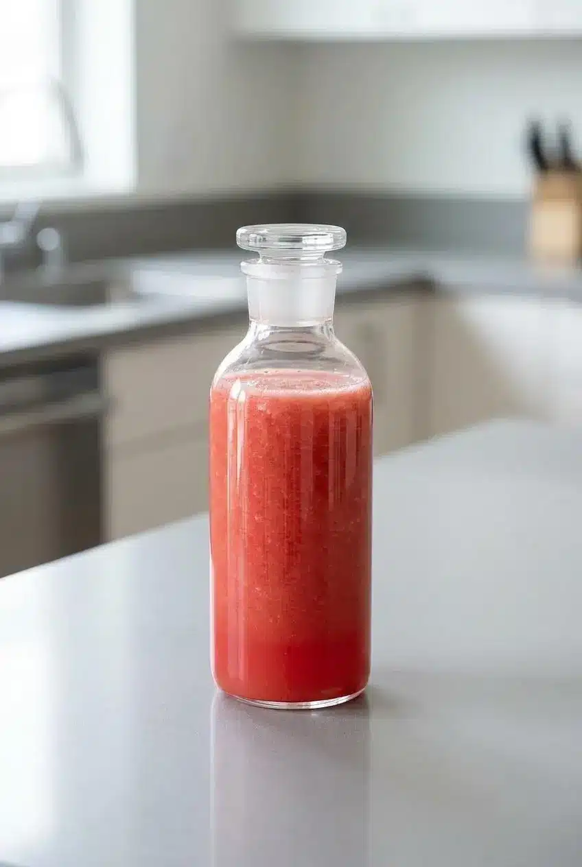 Freshly made pink watermelon puree in a sealed glass bottle, sitting on a kitchen counter ready for storage.