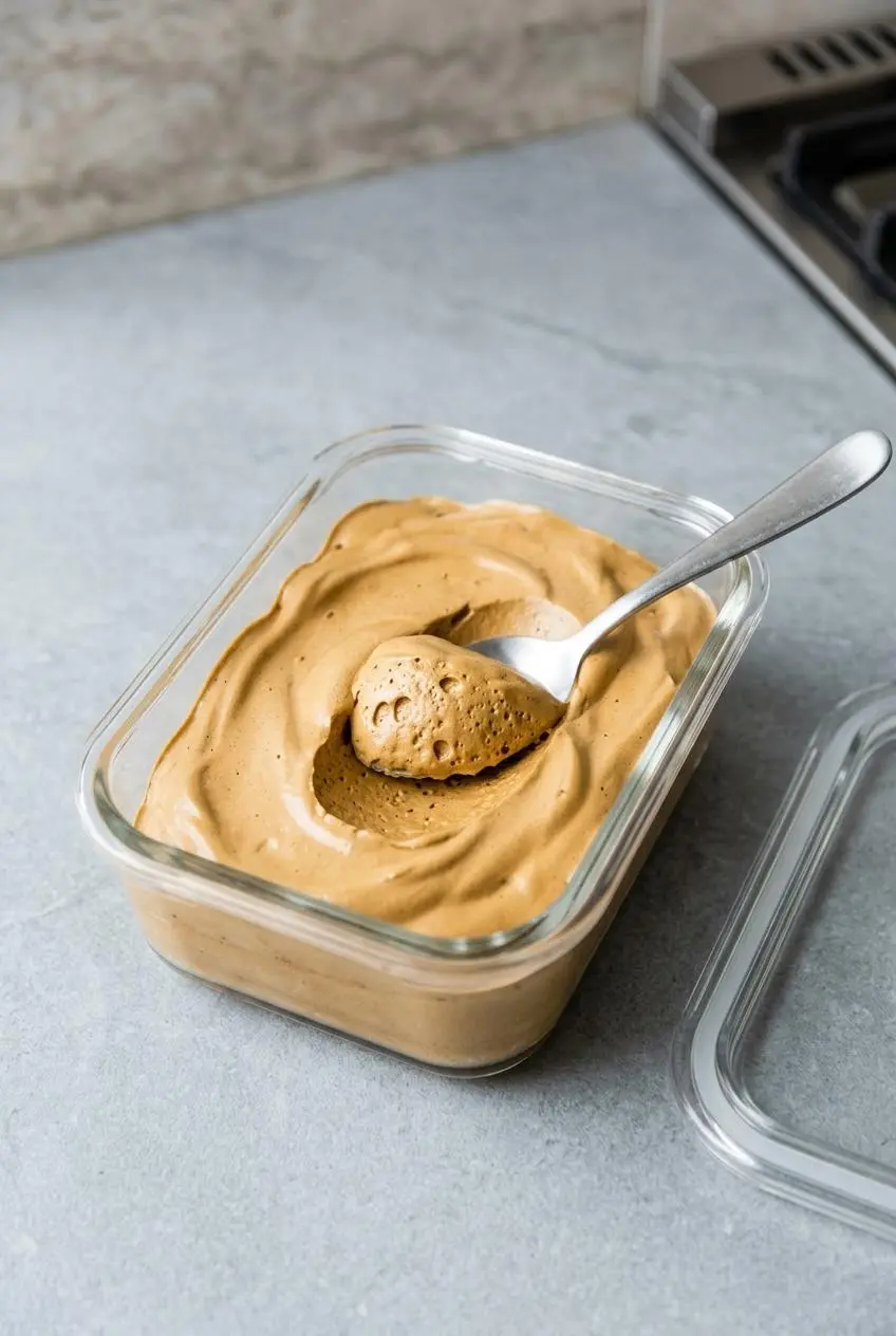 A clear glass storage container is filled with prepared whipped coffee foam, with a spoon showing its thick, scoopable texture.