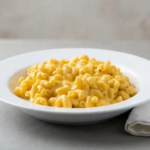 A bowl of creamy stovetop macaroni and cheese with a fork lifting some pasta, showing the velvety, rich cheddar sauce.